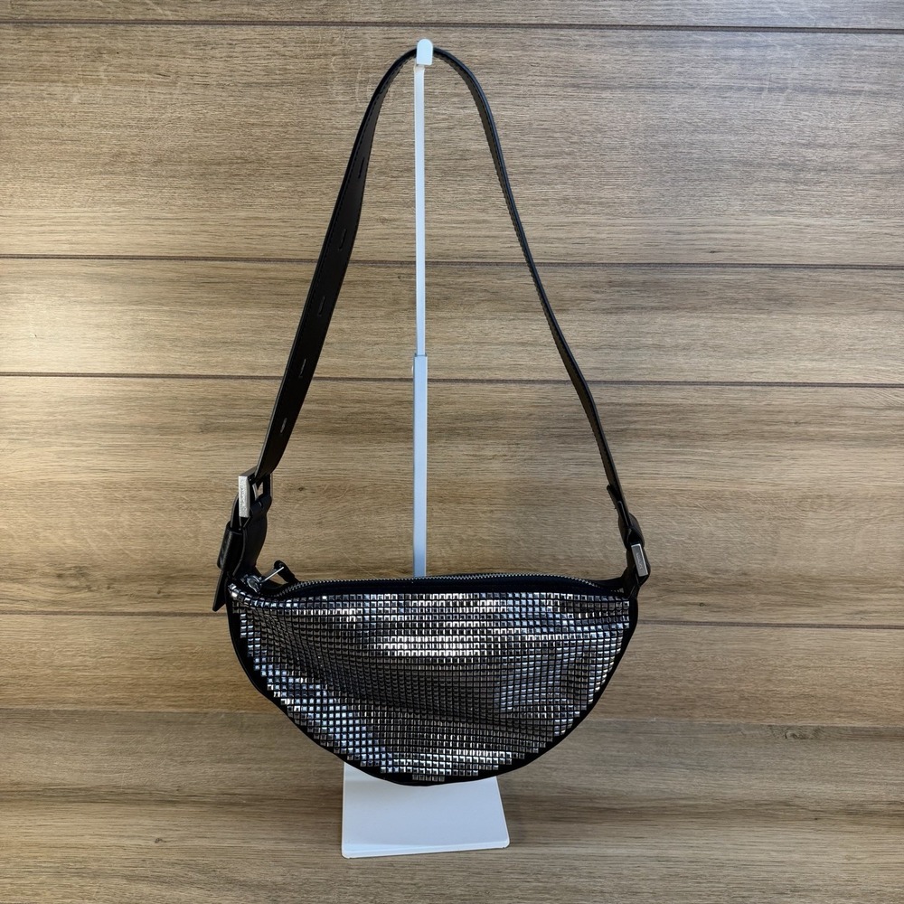 ALLSAINTS Women's Half Moon Pin Studded Shoulder Crossbody Bag Black Crescent